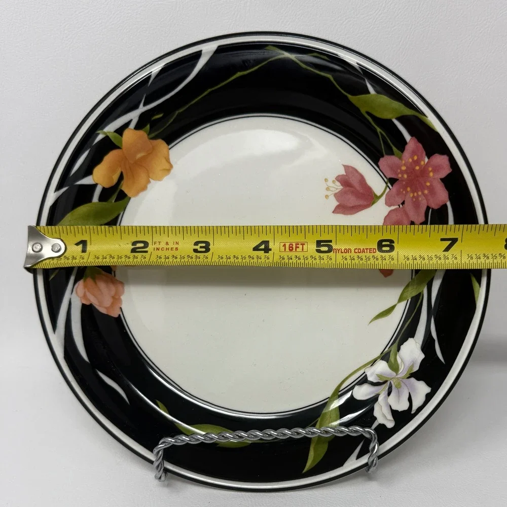 Sango Memories 3665 Bread and‎ Butter Plates Set 6 Floral Black Rim 7.5 inch